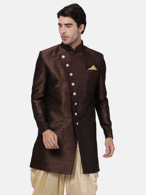 VASTRAMAY Men's Brown Silk Blend Sherwani Only Top